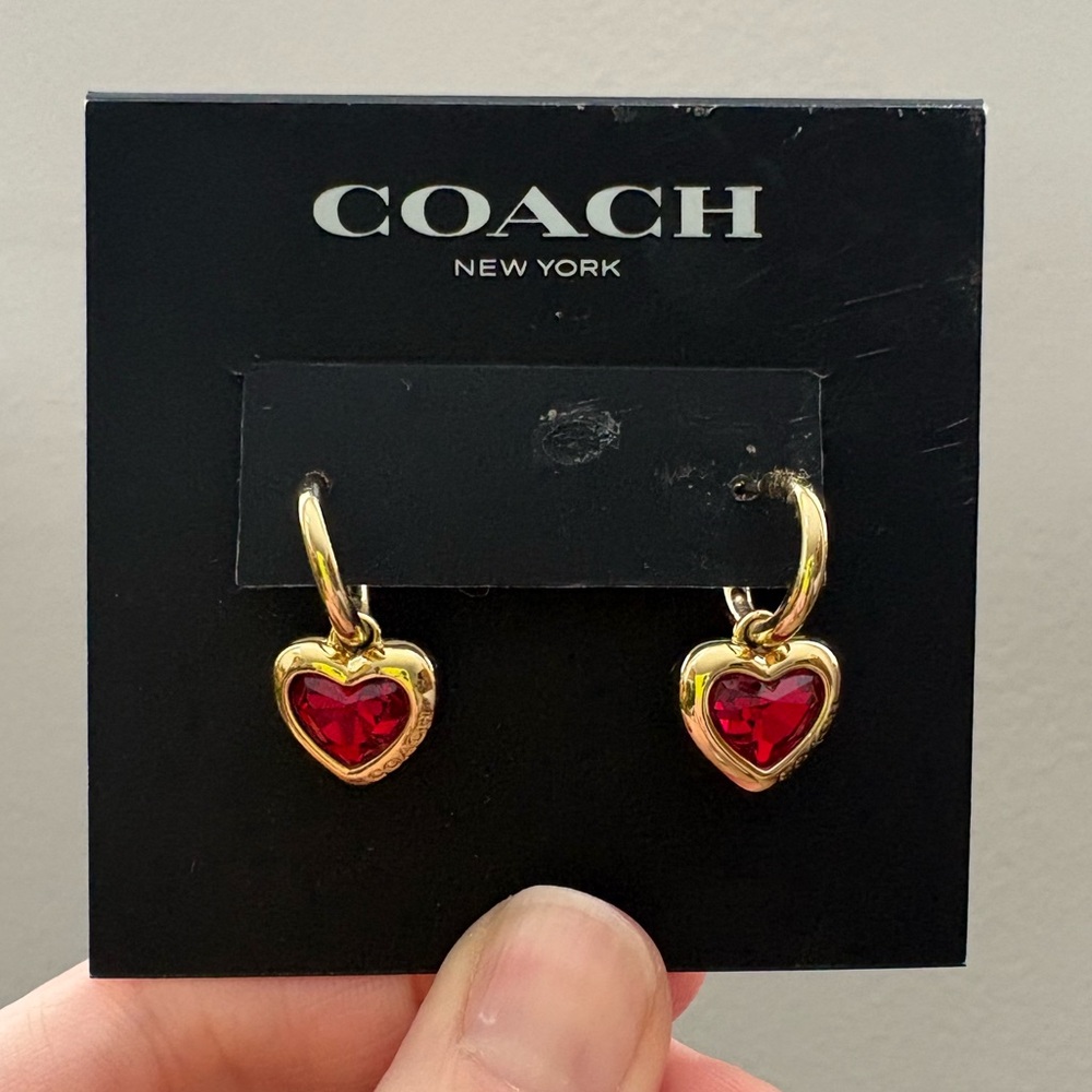 Coach Gold-Tone Hoop Earrings with Red Heart Stones
